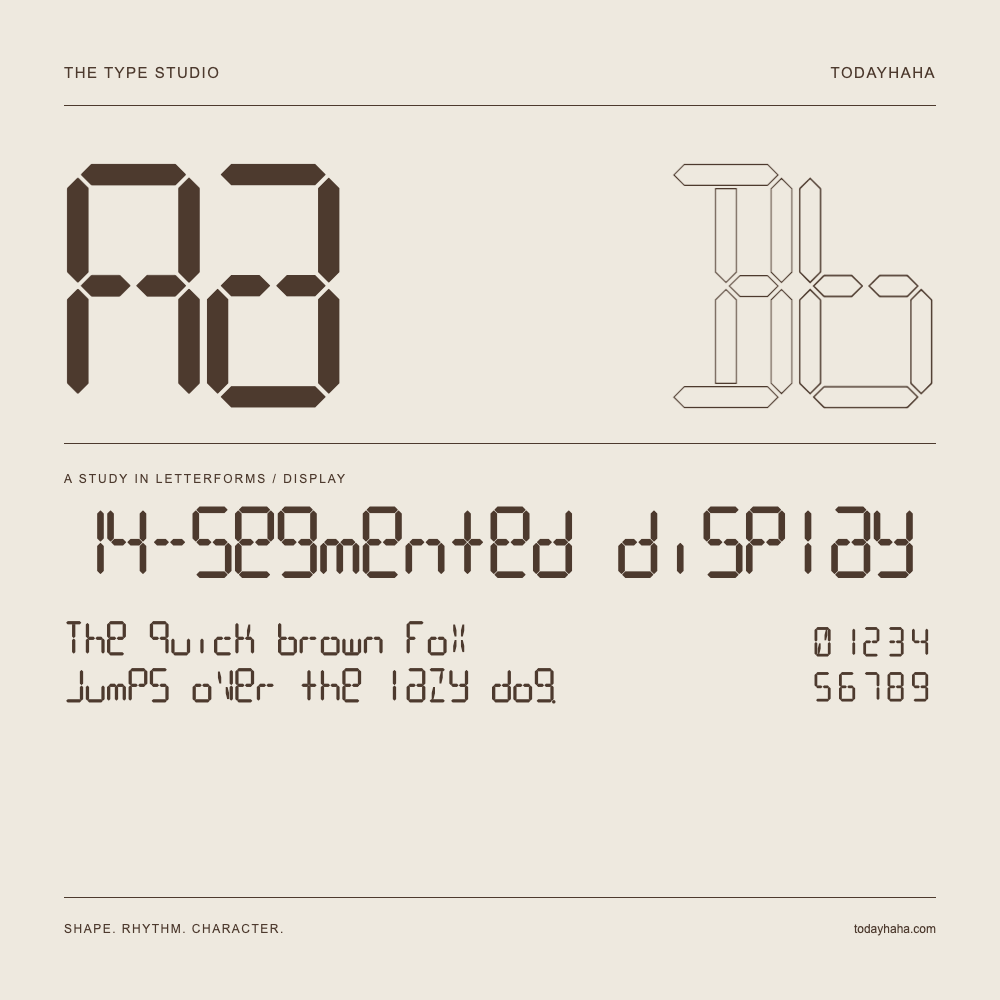 14-segmented display — Letterform study with sample sentence and numbers