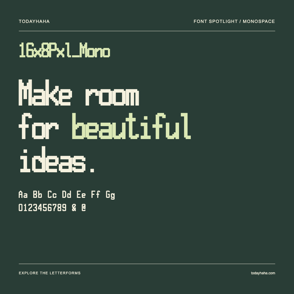 16x8Pxl_Mono — Póster tipográfico con texto de muestra
