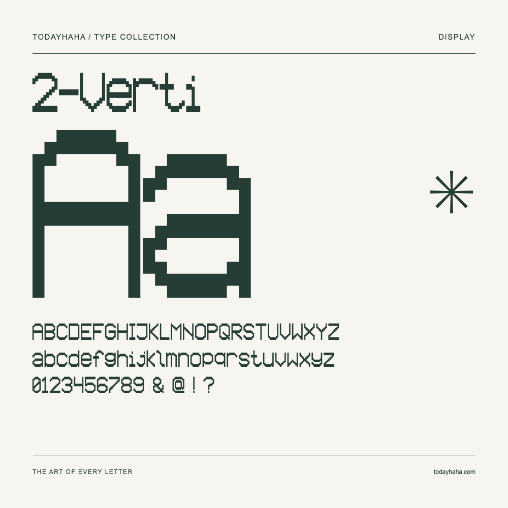 2-Verti — Schriftmuster mit Großbuchstaben, Kleinbuchstaben und Ziffern
