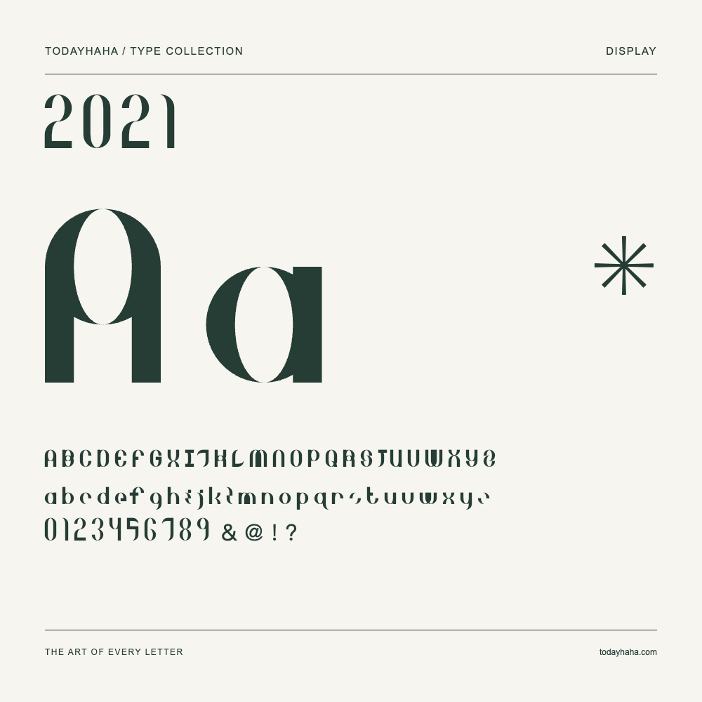 2021 — Font specimen with uppercase and lowercase letters and numbers