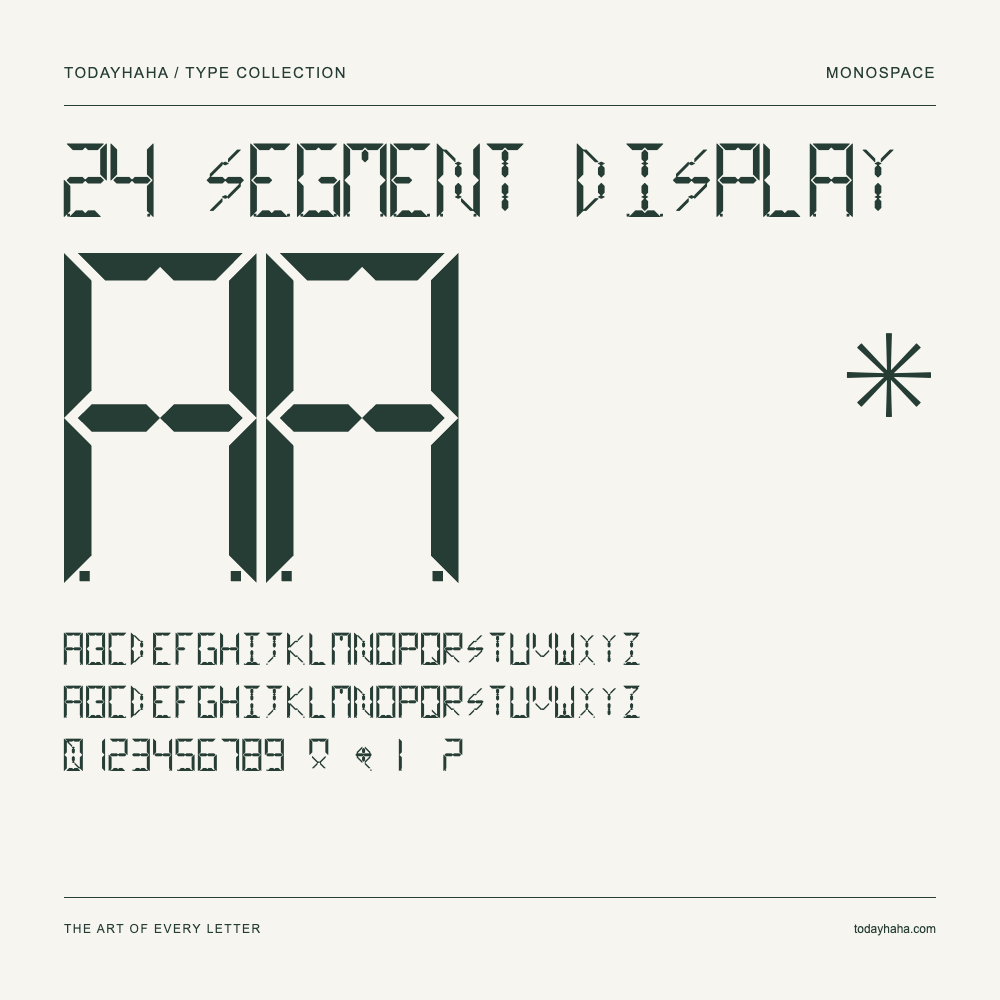 24 segment display — Font specimen with uppercase and lowercase letters and numbers