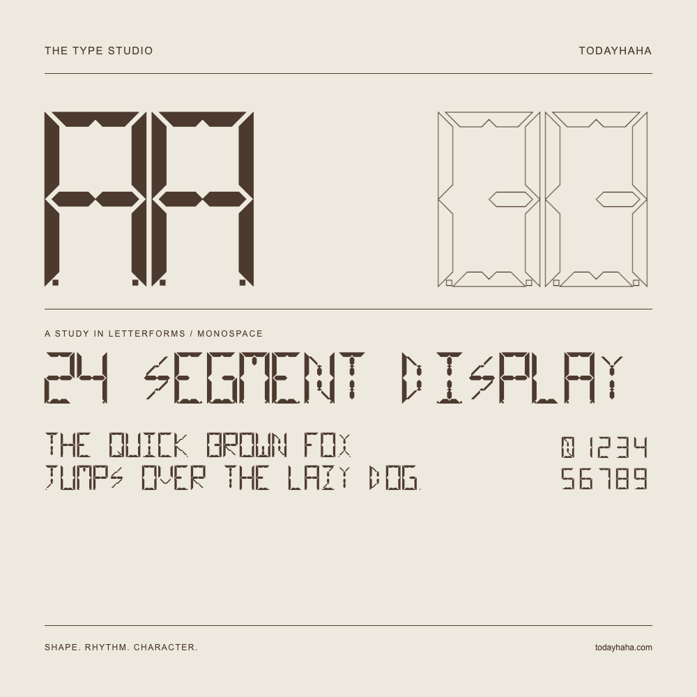 24 segment display — Letterform study with sample sentence and numbers