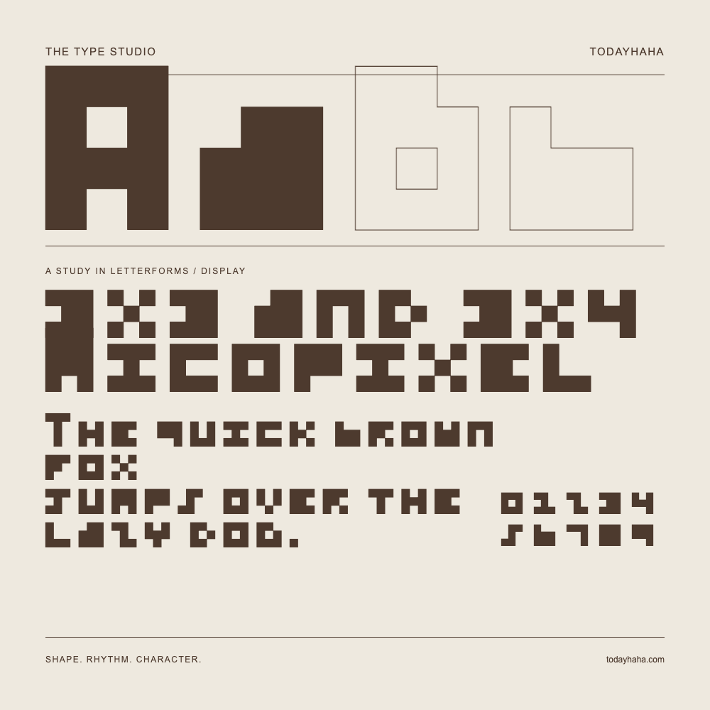 3x3 and 3x4 Micopixel — Letterform study with sample sentence and numbers