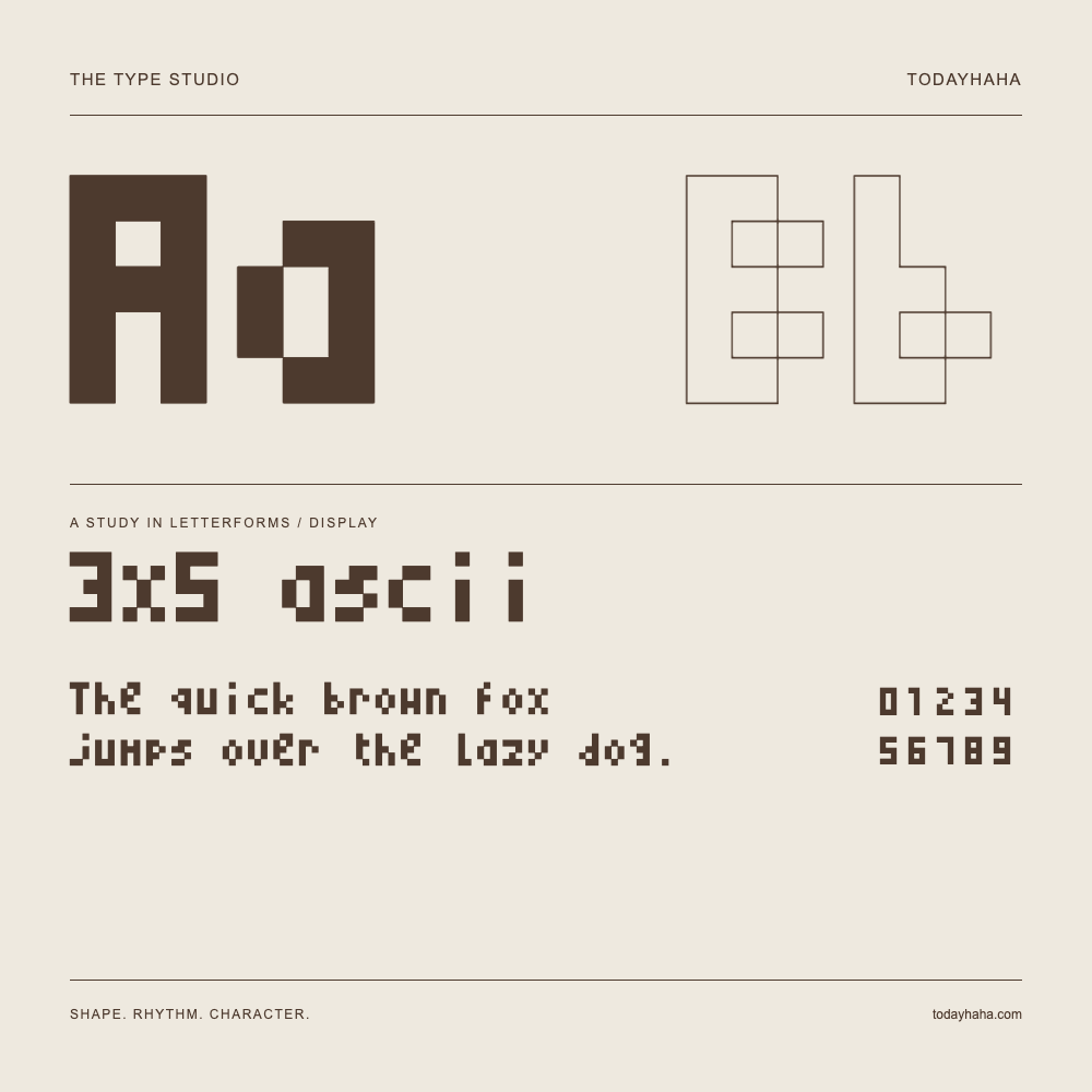 3x5 ascii — Letterform study with sample sentence and numbers
