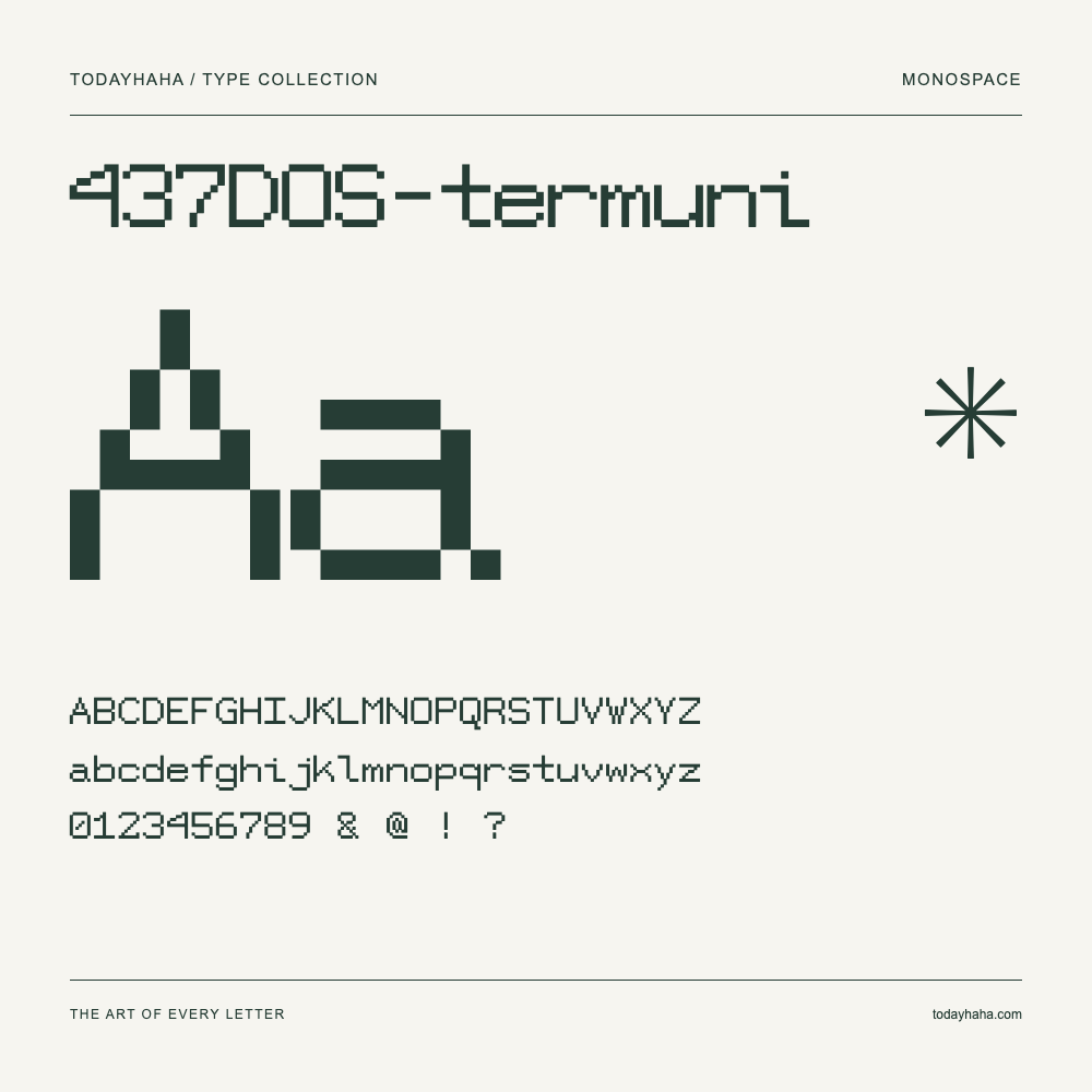 437DOS-termuni — Font specimen with uppercase and lowercase letters and numbers
