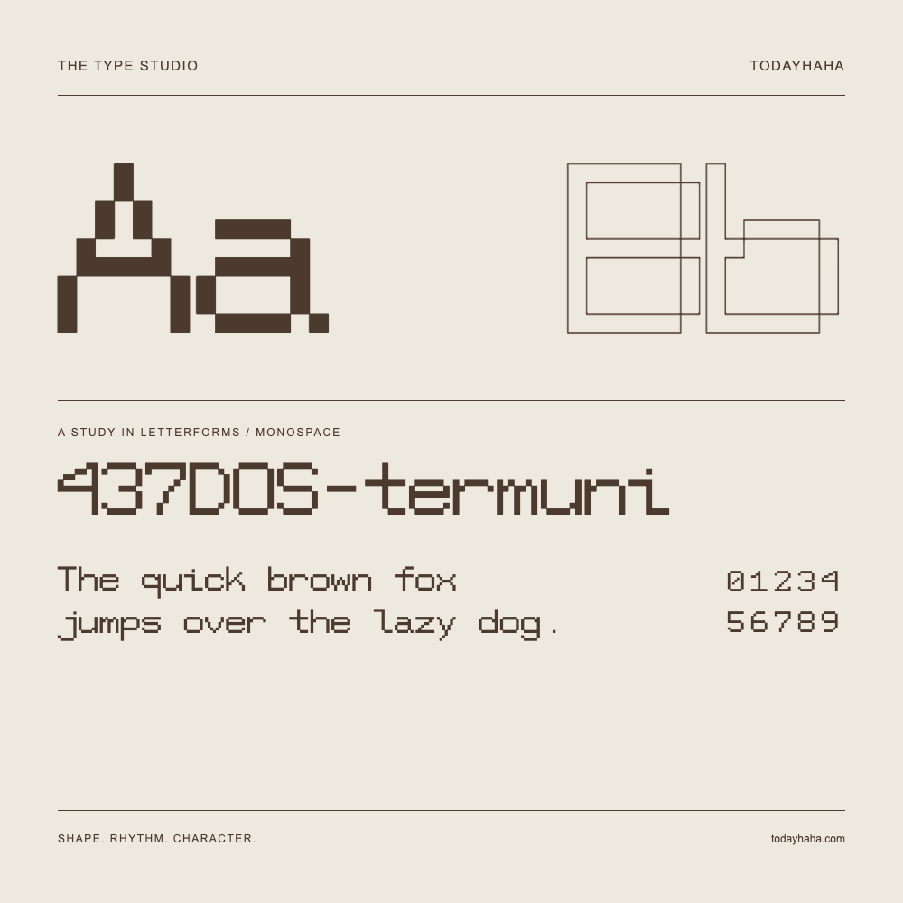 437DOS-termuni — Letterform study with sample sentence and numbers