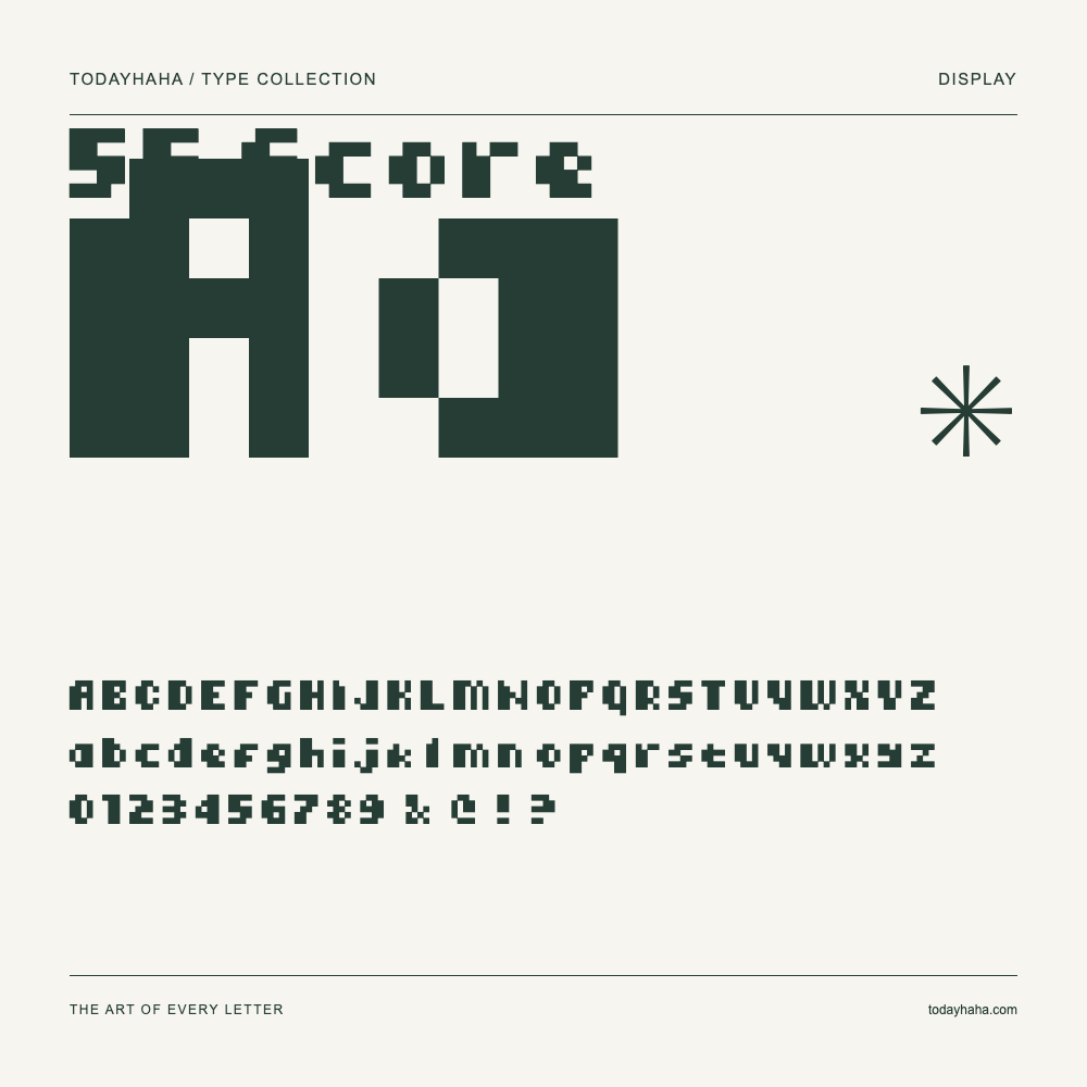 55 Score — Spécimen avec majuscules, minuscules et chiffres