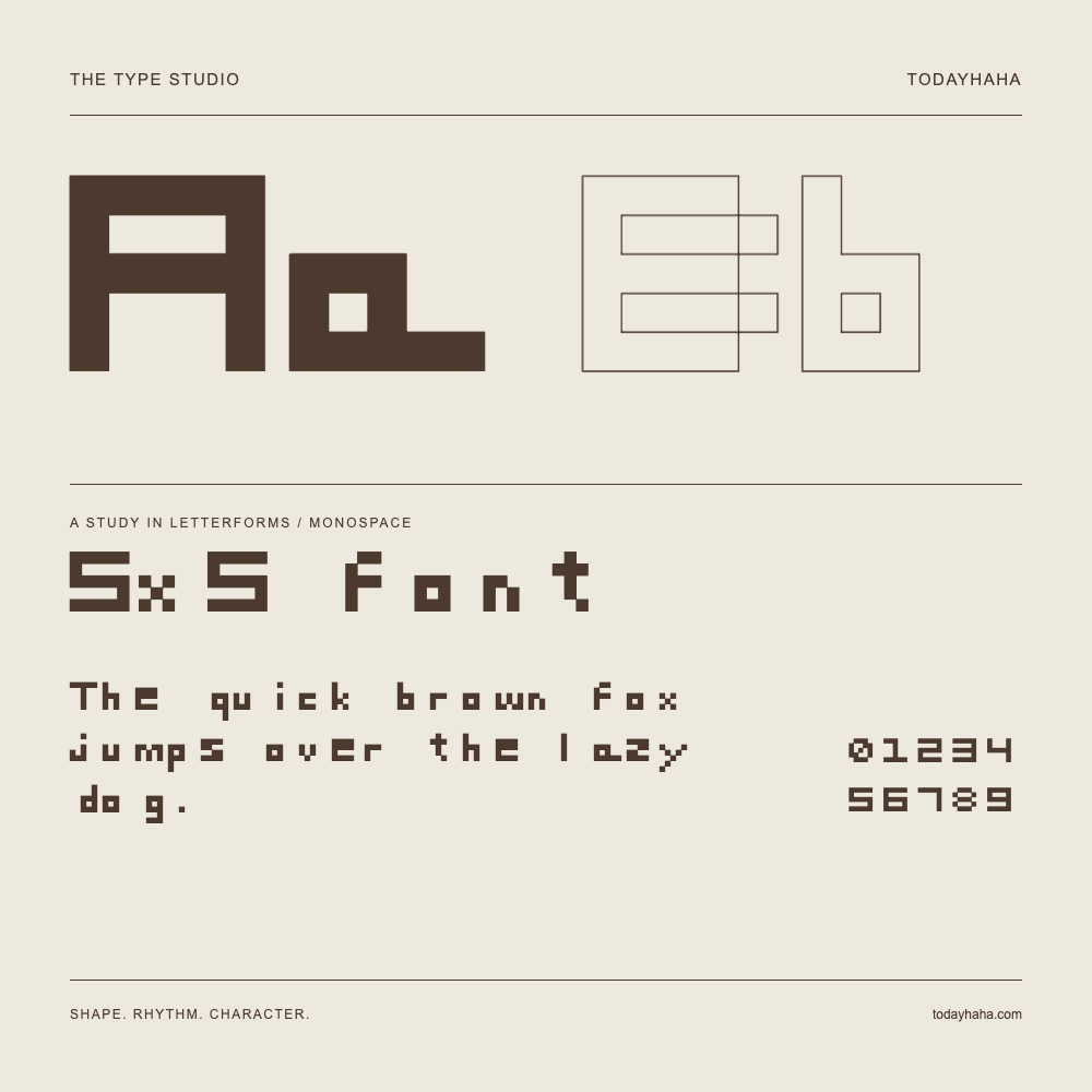 5x5 font — Letterform study with sample sentence and numbers