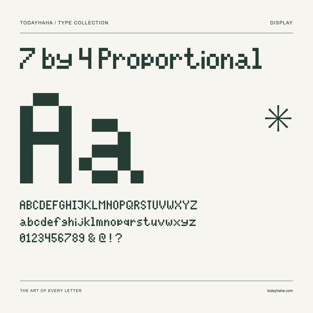 7 by 4 Proportional — Font specimen with uppercase and lowercase letters and numbers