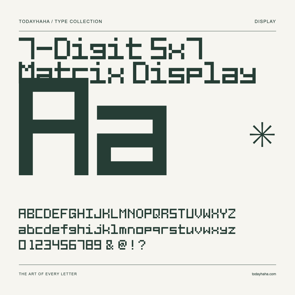 7-Digit 5x7 Matrix Display — Font specimen with uppercase and lowercase letters and numbers