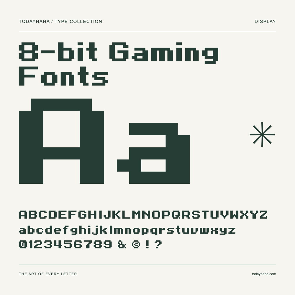8-bit Gaming Fonts — Muestra de mayúsculas, minúsculas y números