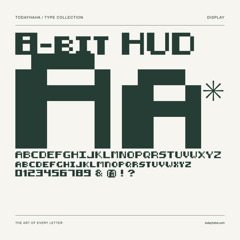 8-bit HUD — Schriftmuster mit Großbuchstaben, Kleinbuchstaben und Ziffern