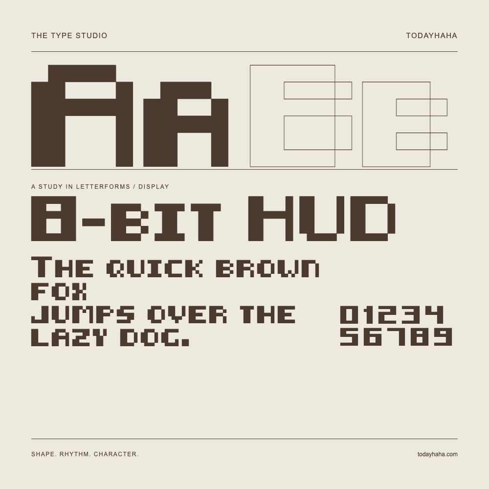 8-bit HUD — Buchstabenstudie mit Beispielsatz und Ziffern