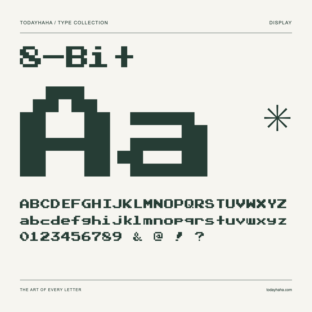 8-Bit — Schriftmuster mit Großbuchstaben, Kleinbuchstaben und Ziffern