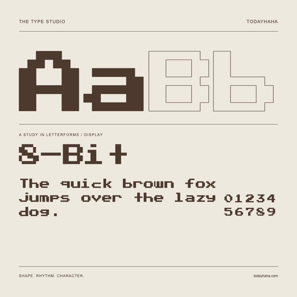 8-Bit — Buchstabenstudie mit Beispielsatz und Ziffern