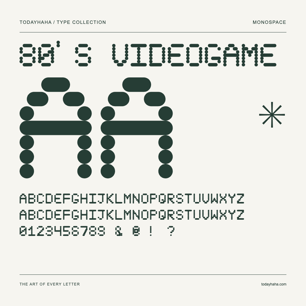 80's Videogame — Spécimen avec majuscules, minuscules et chiffres