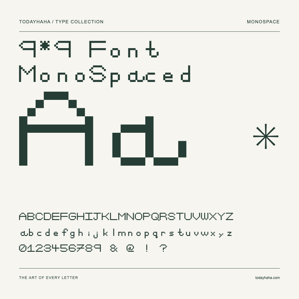 9*9 Font MonoSpaced — Schriftmuster mit Großbuchstaben, Kleinbuchstaben und Ziffern