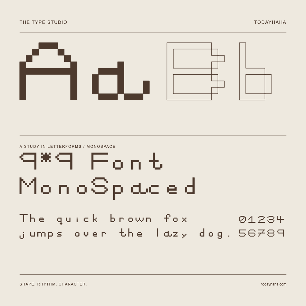 9*9 Font MonoSpaced — Buchstabenstudie mit Beispielsatz und Ziffern