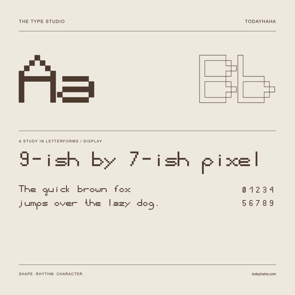 9-ish by 7-ish pixel — Buchstabenstudie mit Beispielsatz und Ziffern