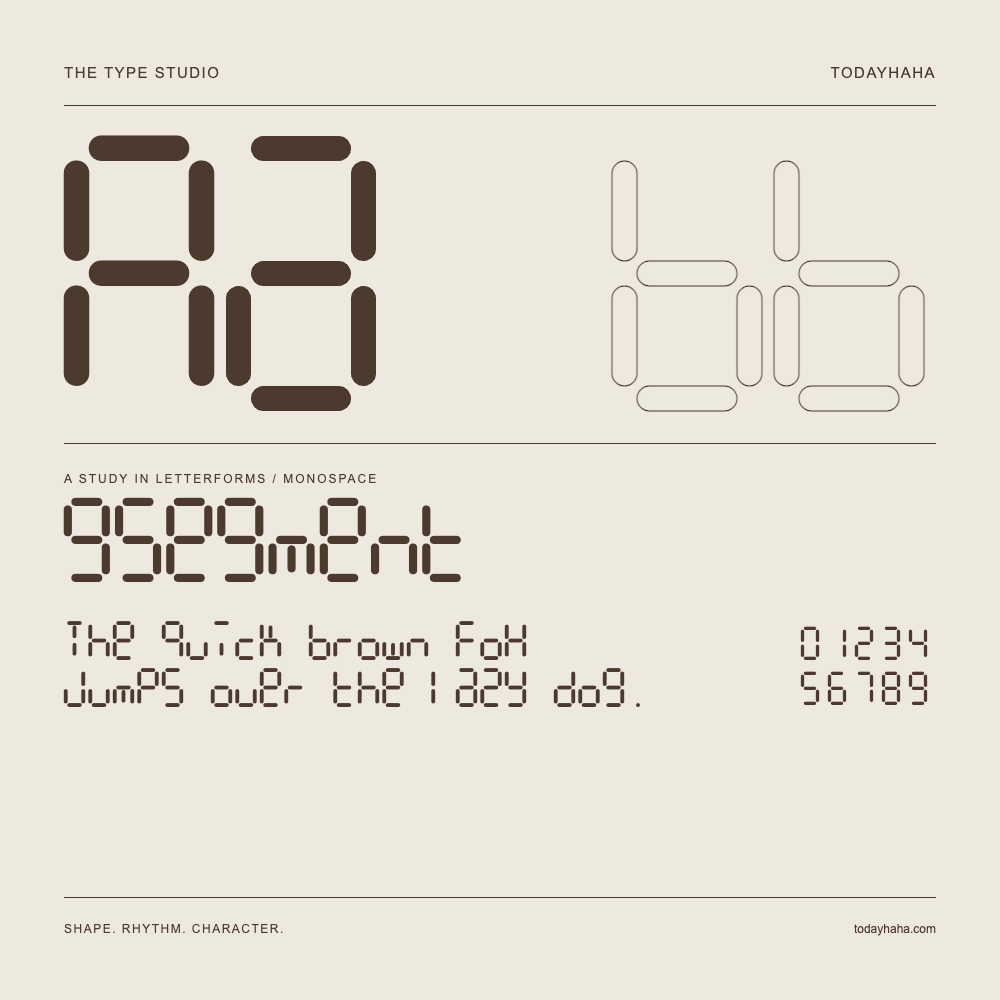 9Segment — Letterform study with sample sentence and numbers