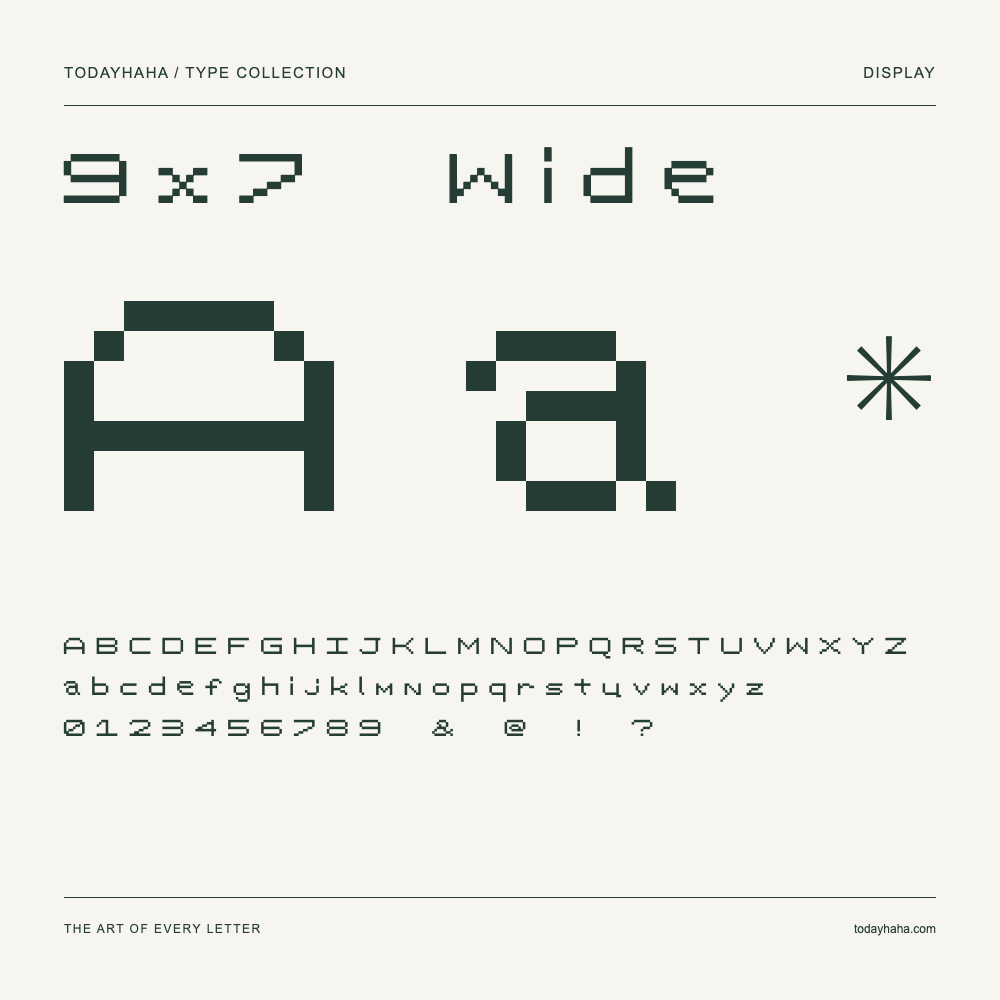 9x7 Wide — Schriftmuster mit Großbuchstaben, Kleinbuchstaben und Ziffern