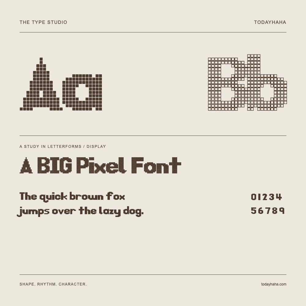 A BIG Pixel Font — Buchstabenstudie mit Beispielsatz und Ziffern