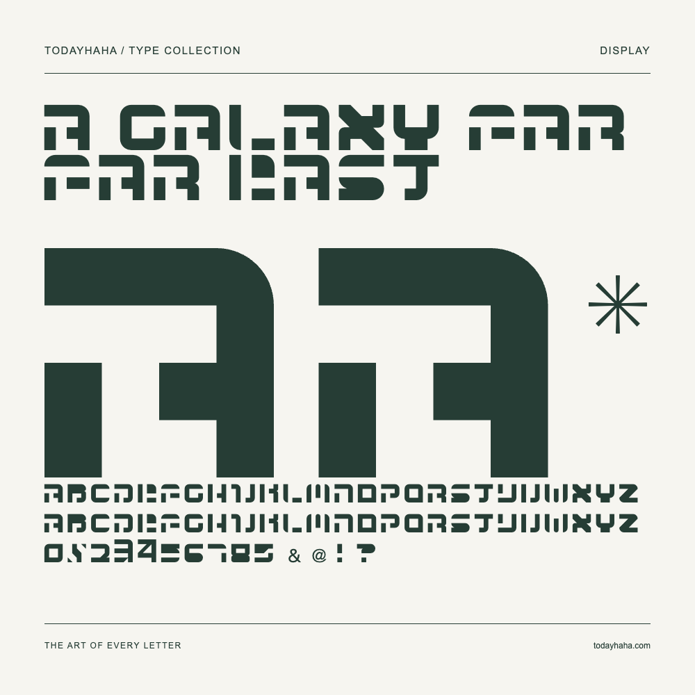 A Galaxy Far Far East — Font specimen with uppercase and lowercase letters and numbers