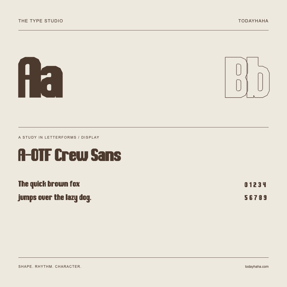 A-OTF Crew Sans — Letterform study with sample sentence and numbers