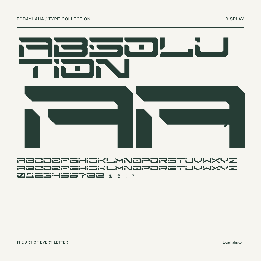 Absolution — Font specimen with uppercase and lowercase letters and numbers
