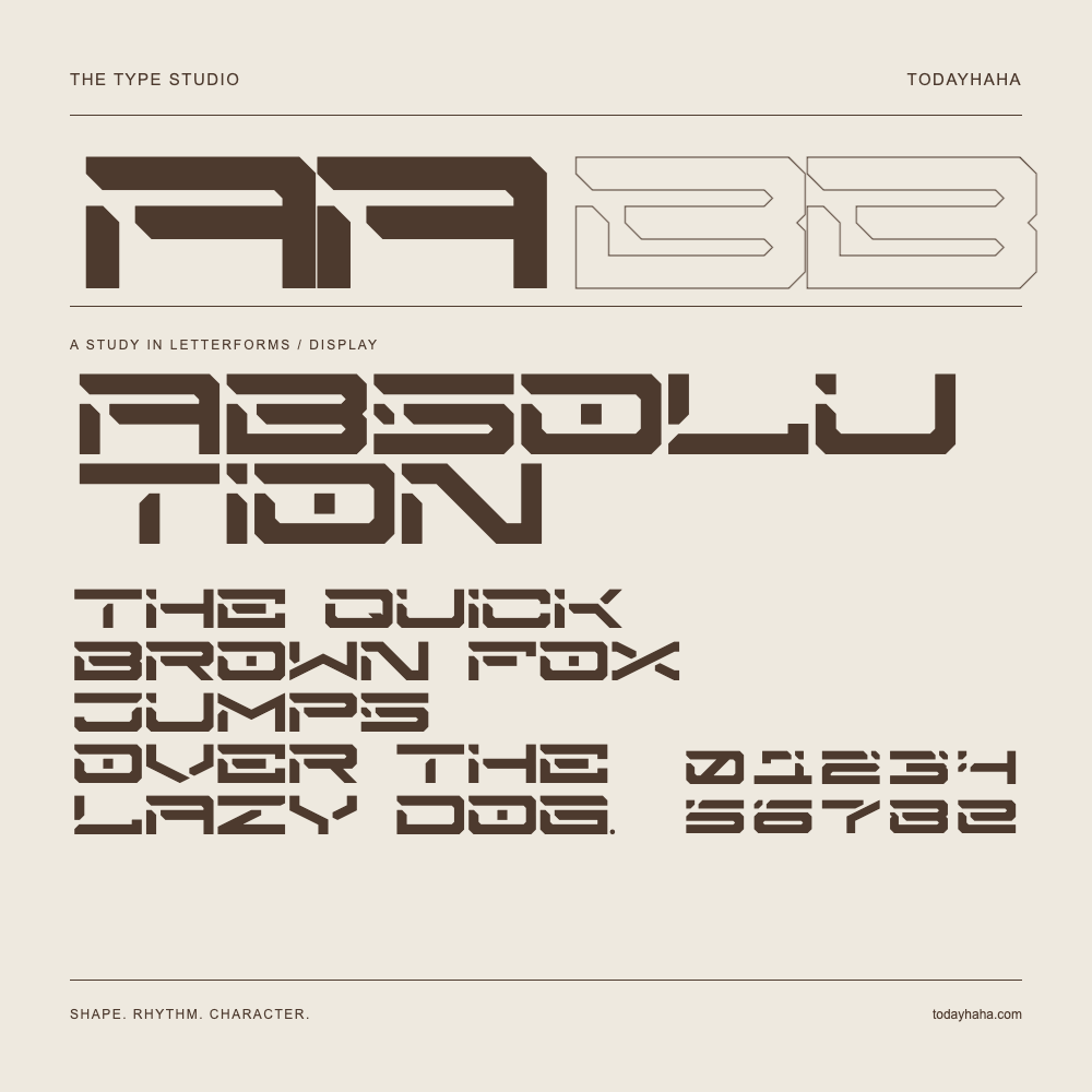 Absolution — Letterform study with sample sentence and numbers