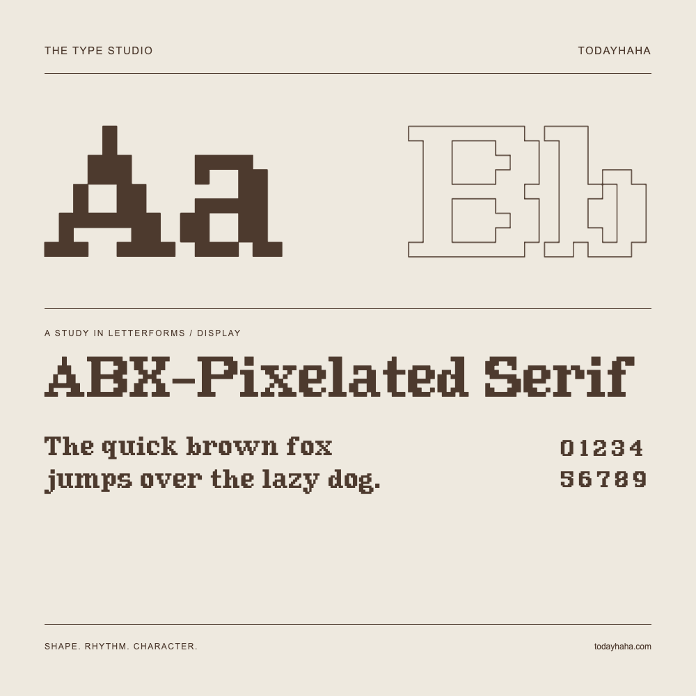 ABX-Pixelated Serif — Buchstabenstudie mit Beispielsatz und Ziffern