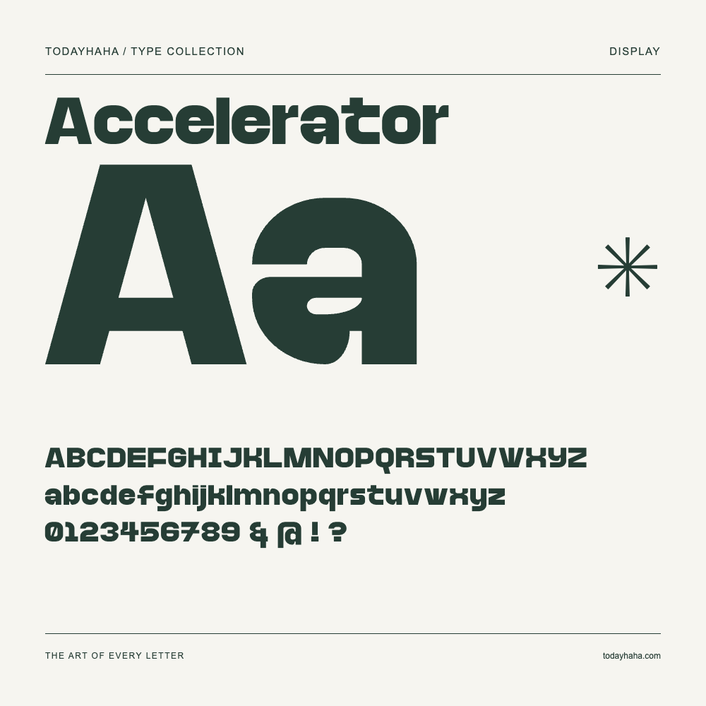 Accelerator — Font specimen with uppercase and lowercase letters and numbers