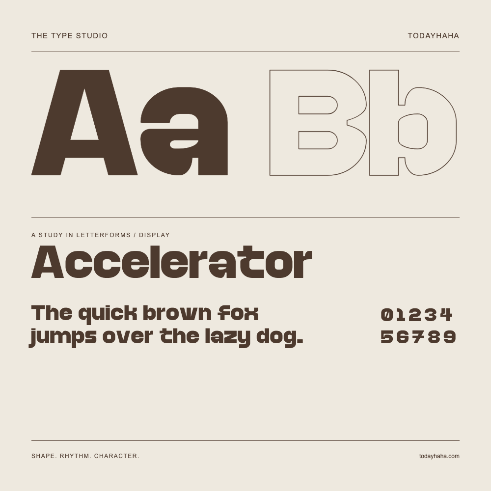 Accelerator — Letterform study with sample sentence and numbers