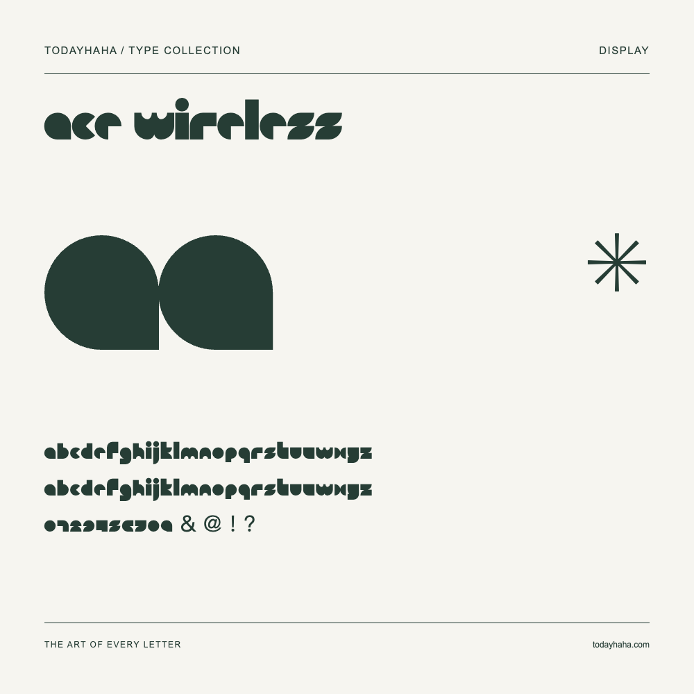 ace wireless — Schriftmuster mit Großbuchstaben, Kleinbuchstaben und Ziffern