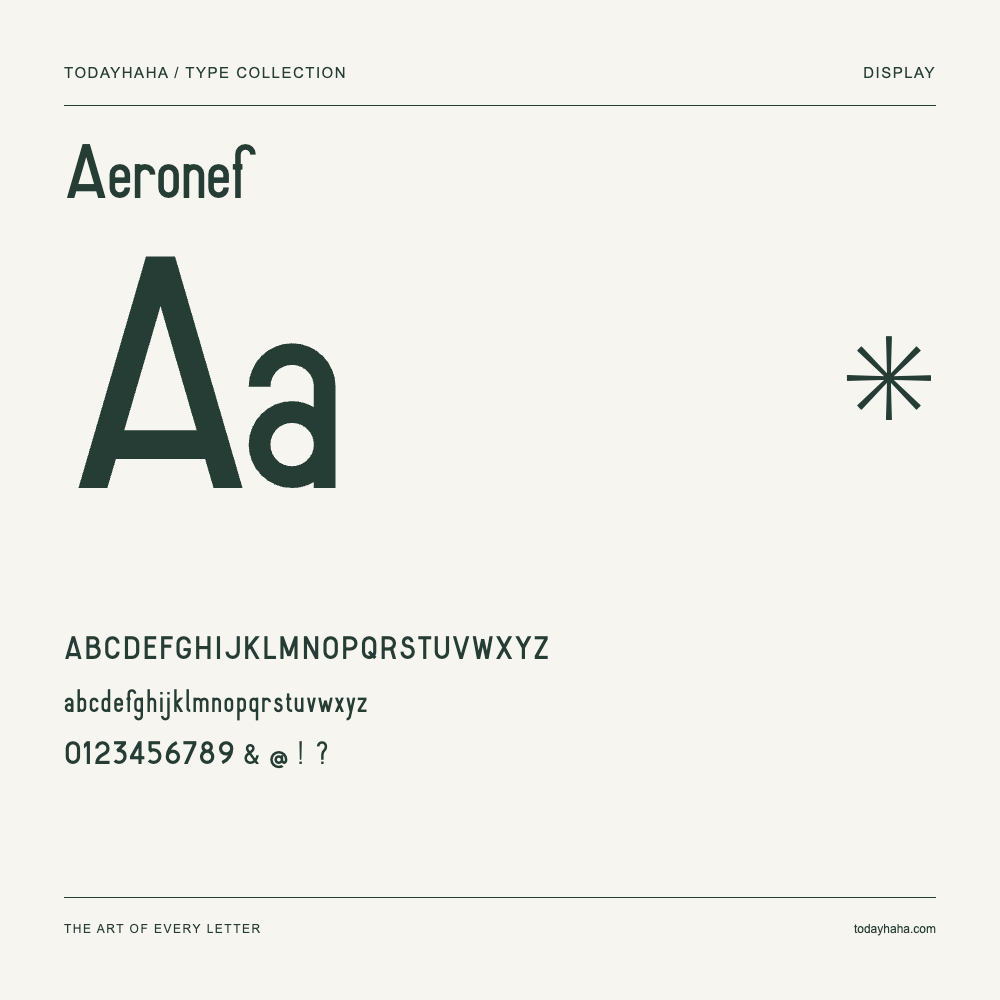 Aeronef — Font specimen with uppercase and lowercase letters and numbers