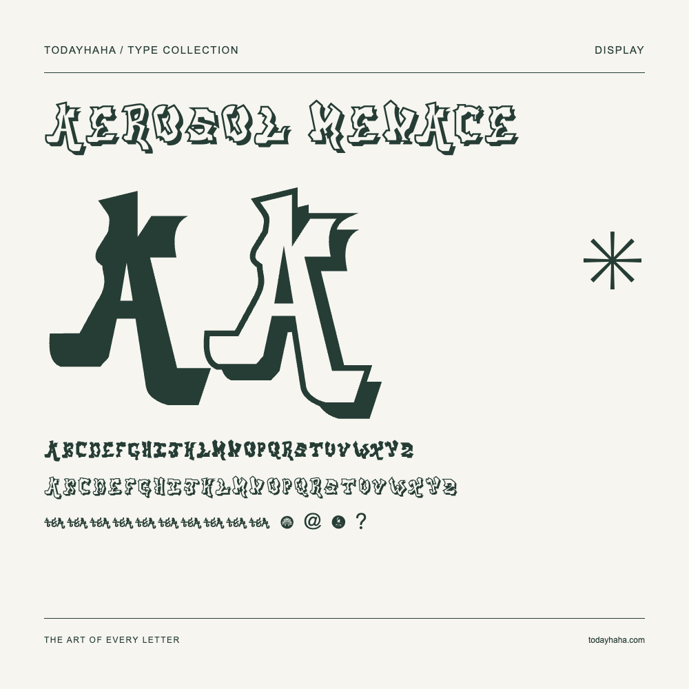 aerosol menace — Font specimen with uppercase and lowercase letters and numbers