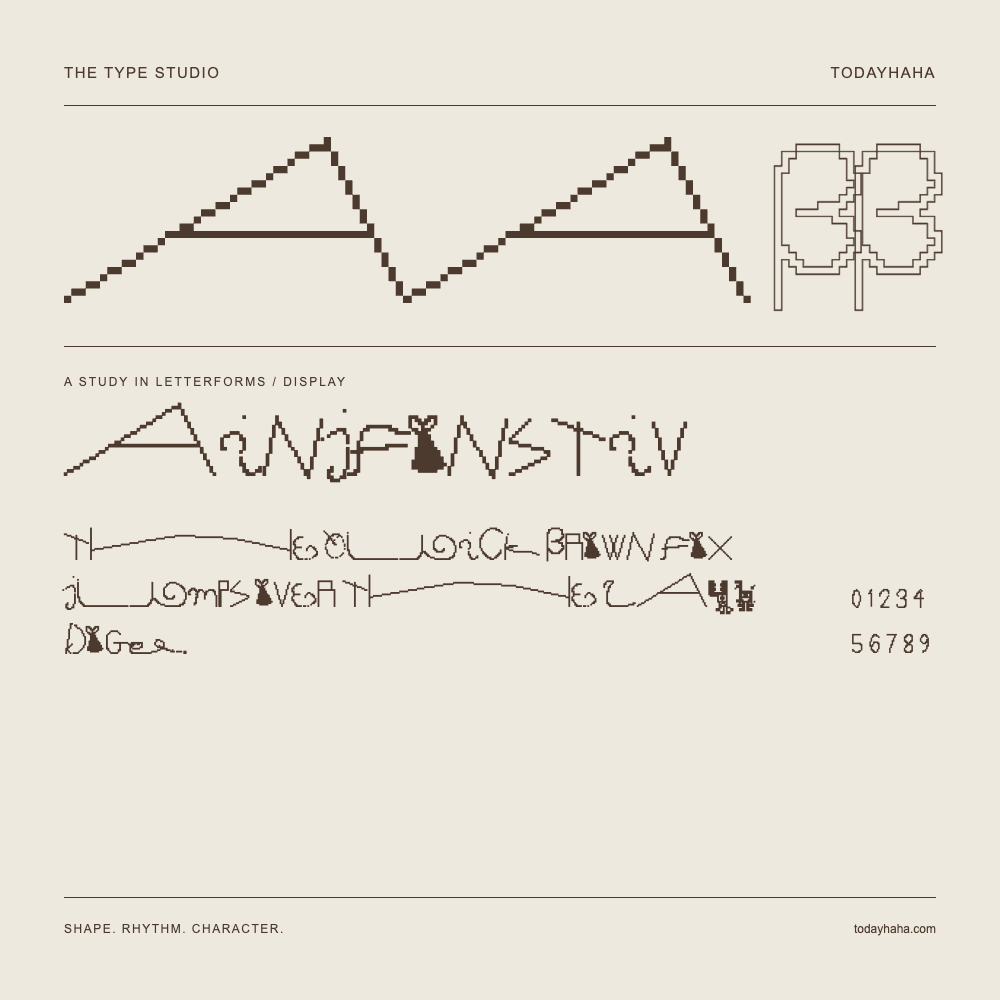 AINJFONSTIV — Letterform study with sample sentence and numbers