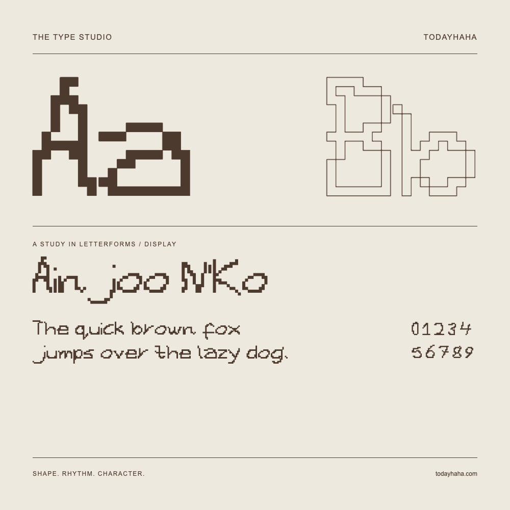 Ainjoo N'Ko — Letterform study with sample sentence and numbers
