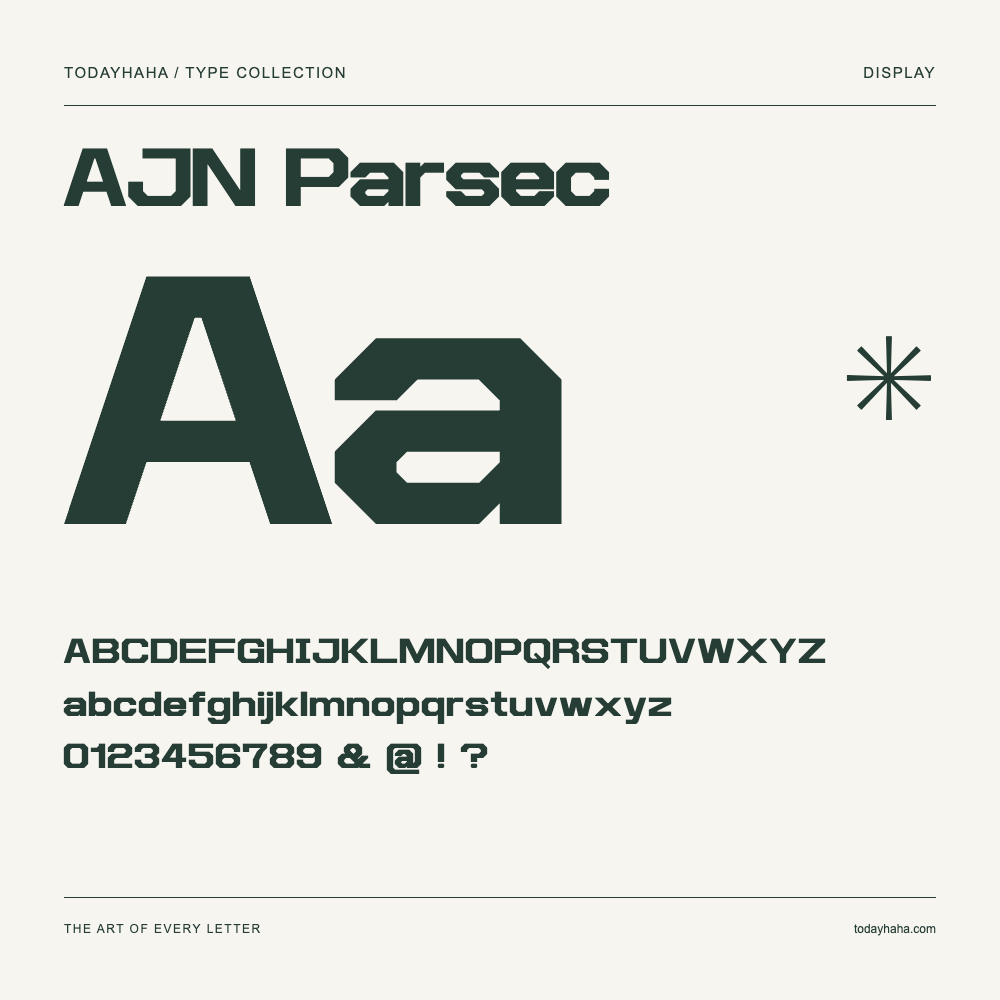 AJN Parsec — Schriftmuster mit Großbuchstaben, Kleinbuchstaben und Ziffern