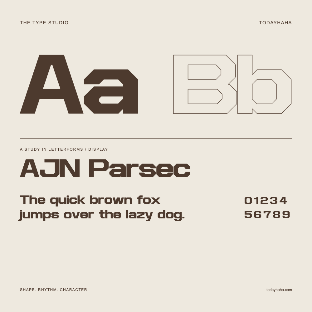 AJN Parsec — Buchstabenstudie mit Beispielsatz und Ziffern