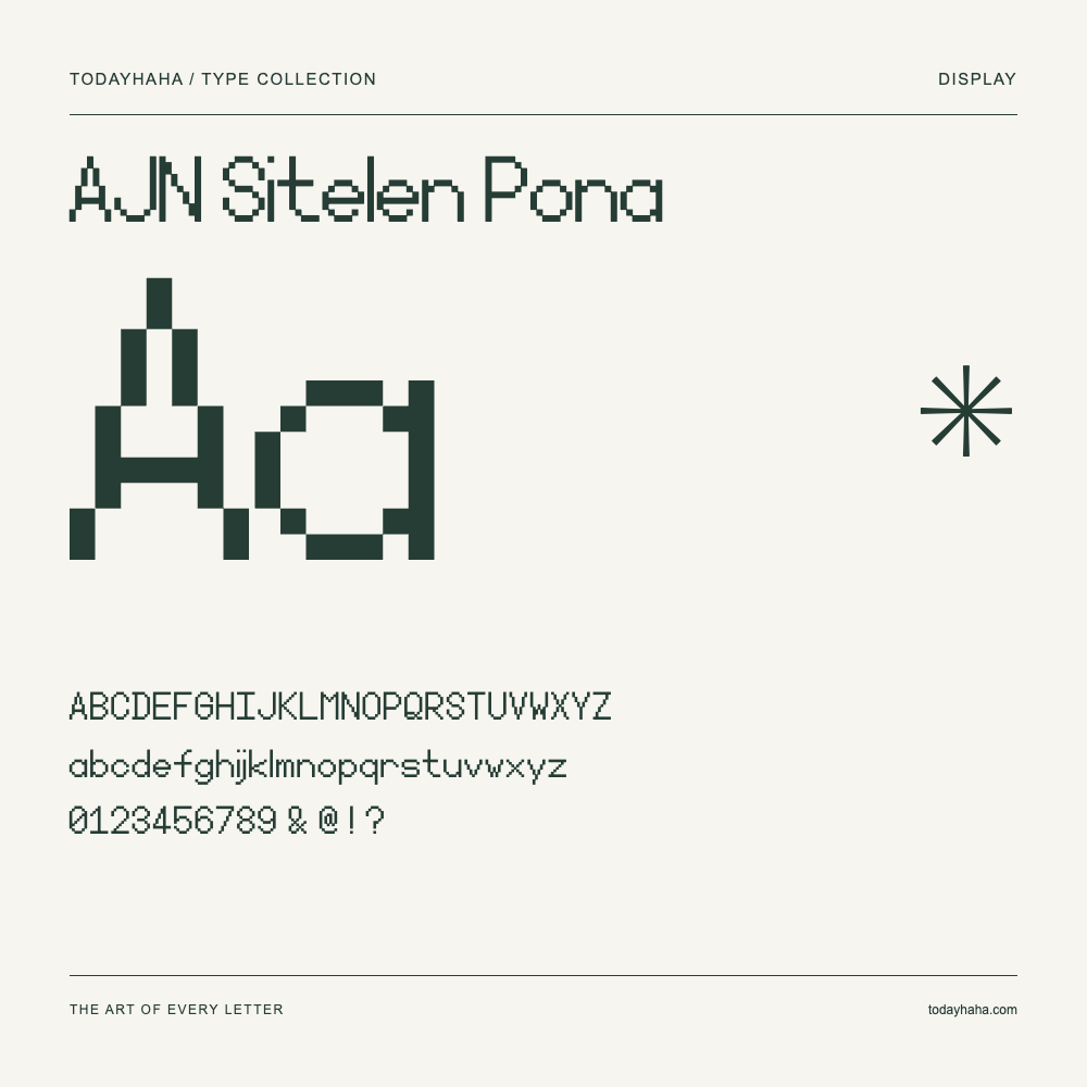 AJN Sitelen Pona — Font specimen with uppercase and lowercase letters and numbers