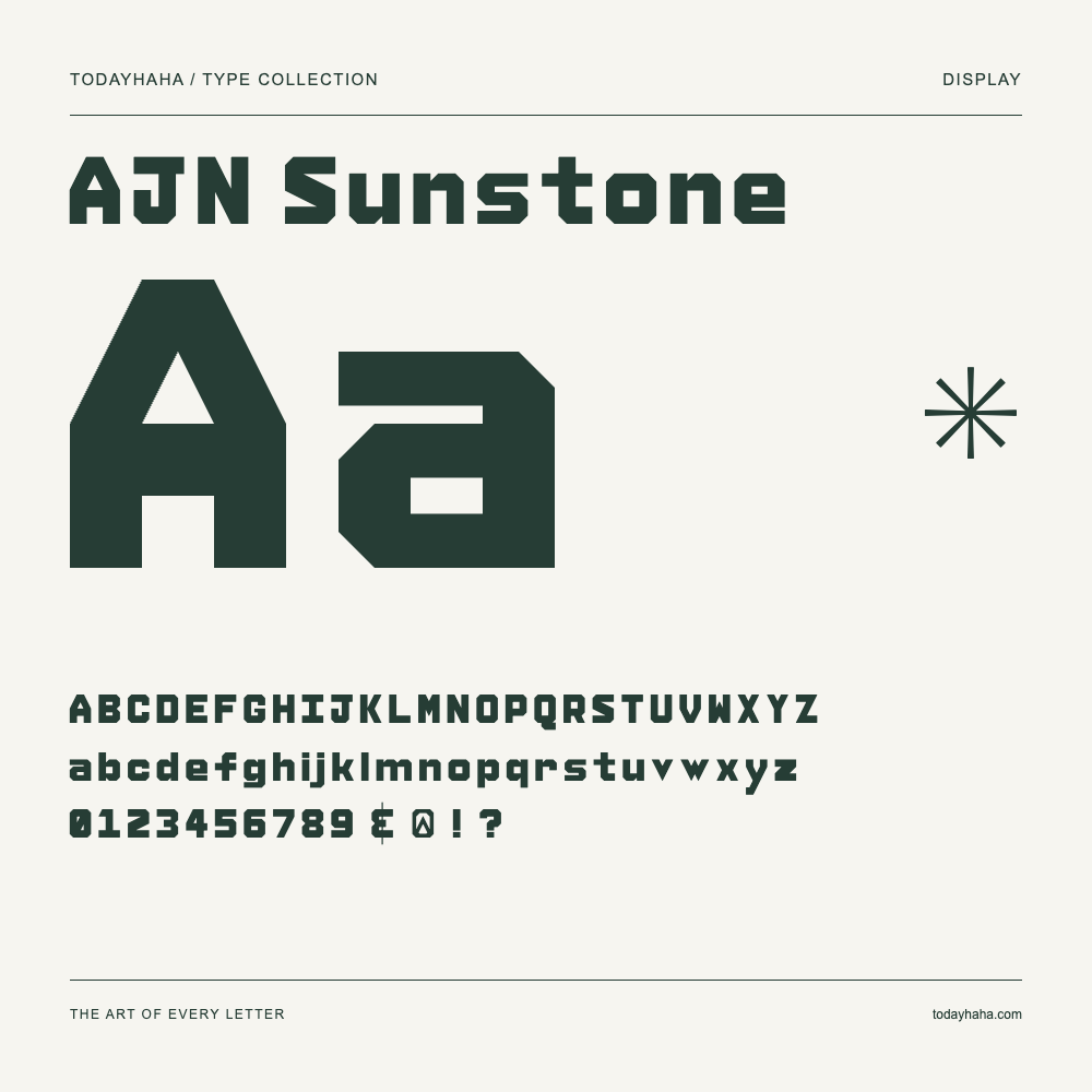 AJN Sunstone — Schriftmuster mit Großbuchstaben, Kleinbuchstaben und Ziffern