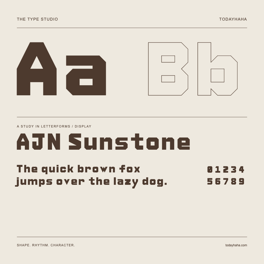 AJN Sunstone — Buchstabenstudie mit Beispielsatz und Ziffern