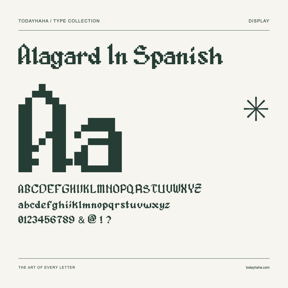Alagard In Spanish — Spécimen avec majuscules, minuscules et chiffres