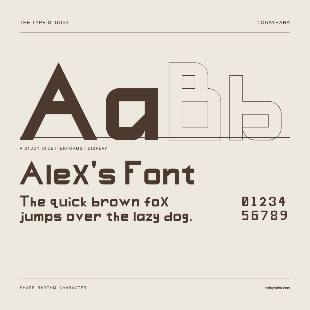 Alex's Font — Buchstabenstudie mit Beispielsatz und Ziffern