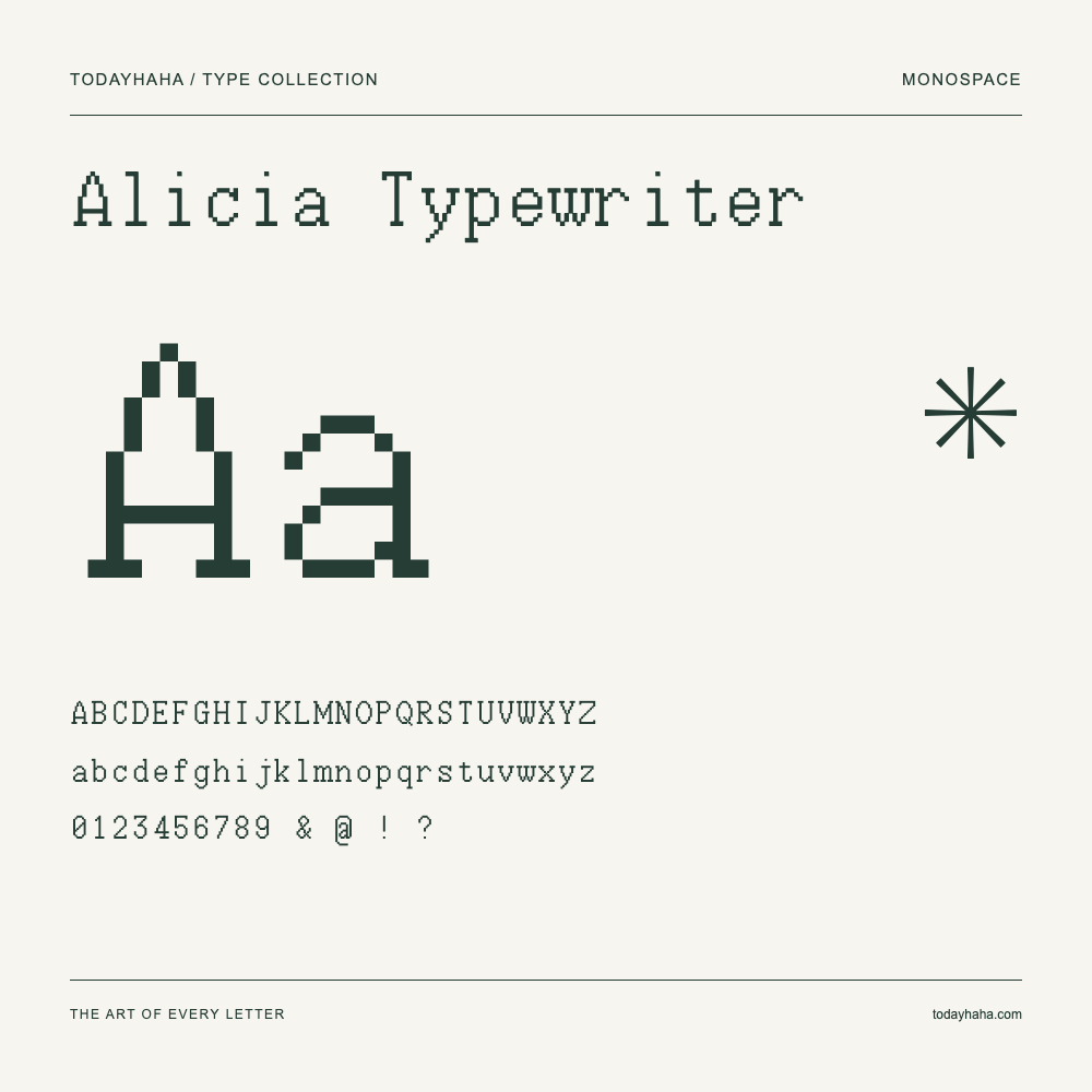 Alicia Typewriter — Font specimen with uppercase and lowercase letters and numbers