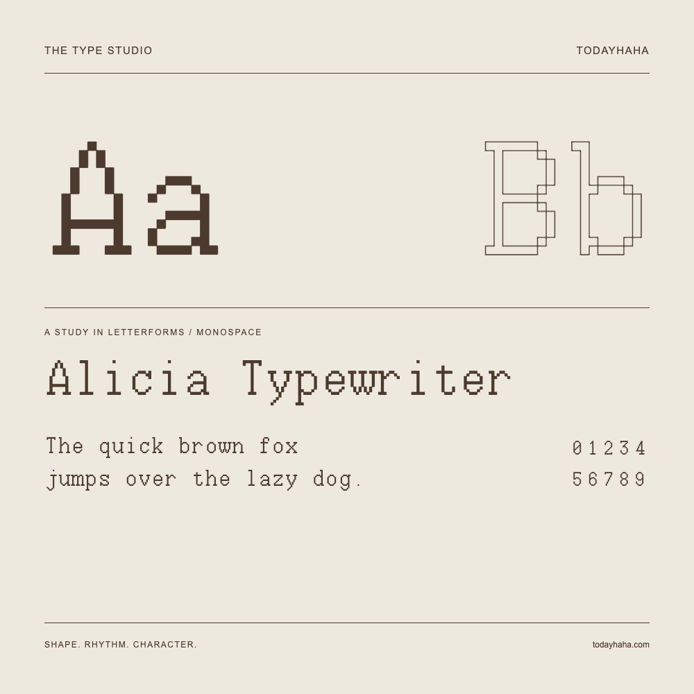 Alicia Typewriter — Letterform study with sample sentence and numbers