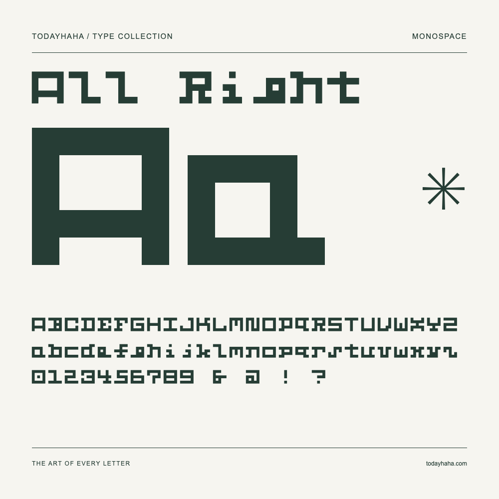 All Right — Spécimen avec majuscules, minuscules et chiffres