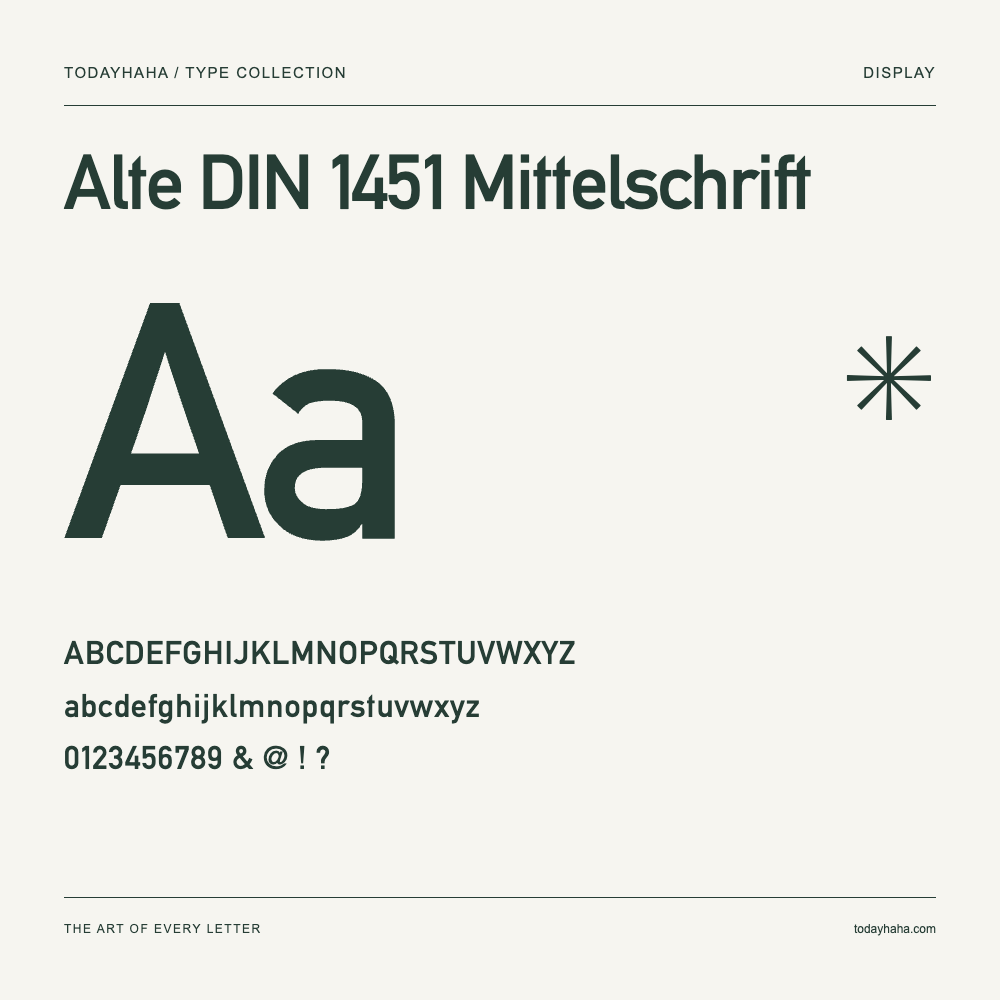 Alte DIN 1451 Mittelschrift — Schriftmuster mit Großbuchstaben, Kleinbuchstaben und Ziffern