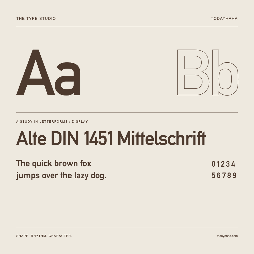 Alte DIN 1451 Mittelschrift — Buchstabenstudie mit Beispielsatz und Ziffern